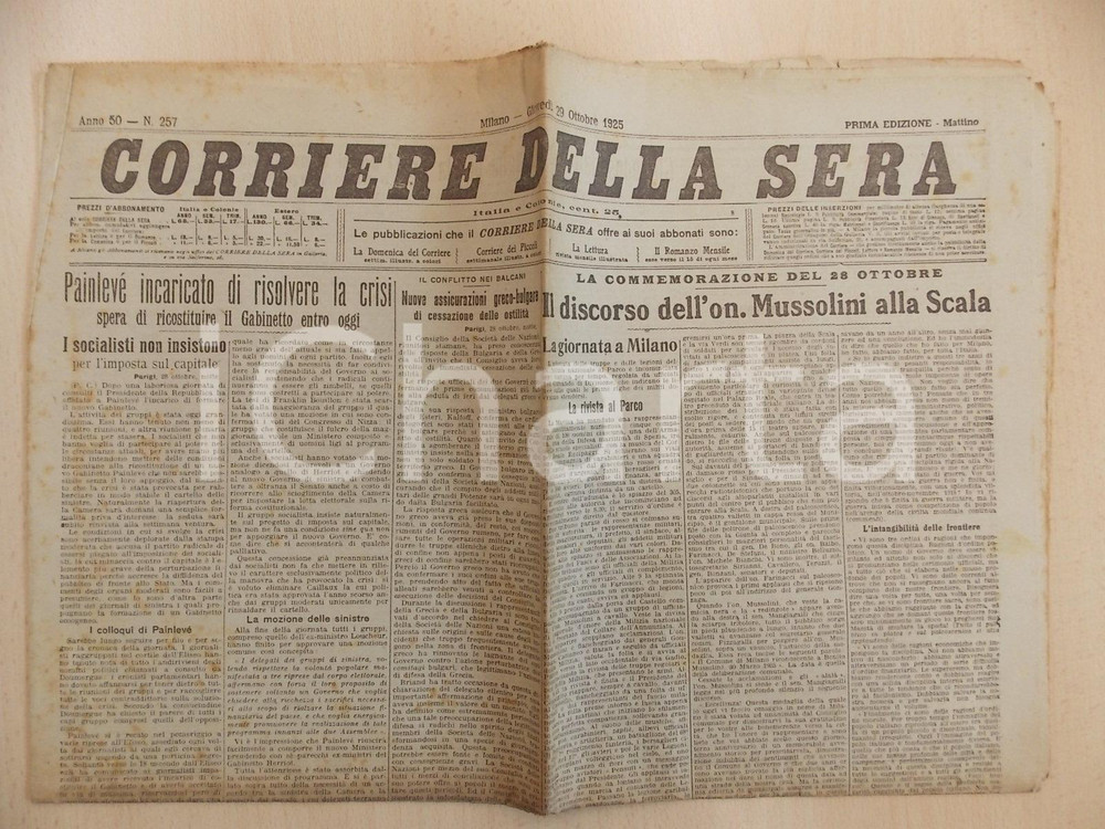 Giornale, rivista storica 1925 CORRIERE DELLA SERA Benito MUSSOLINI alla SCALA commemora Marcia su Roma 1
