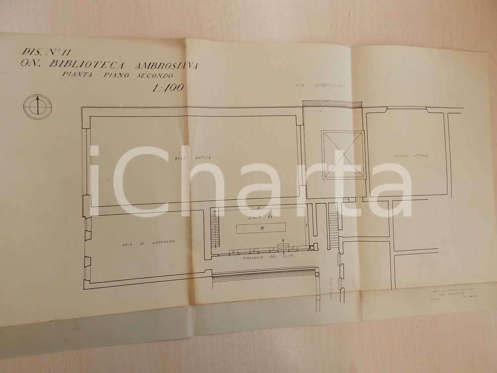 Mappa, planimetria storica 1930 ca MILANO Biblioteca Ambrosiana Pianta piano secondo Planimetria a stampa 1
