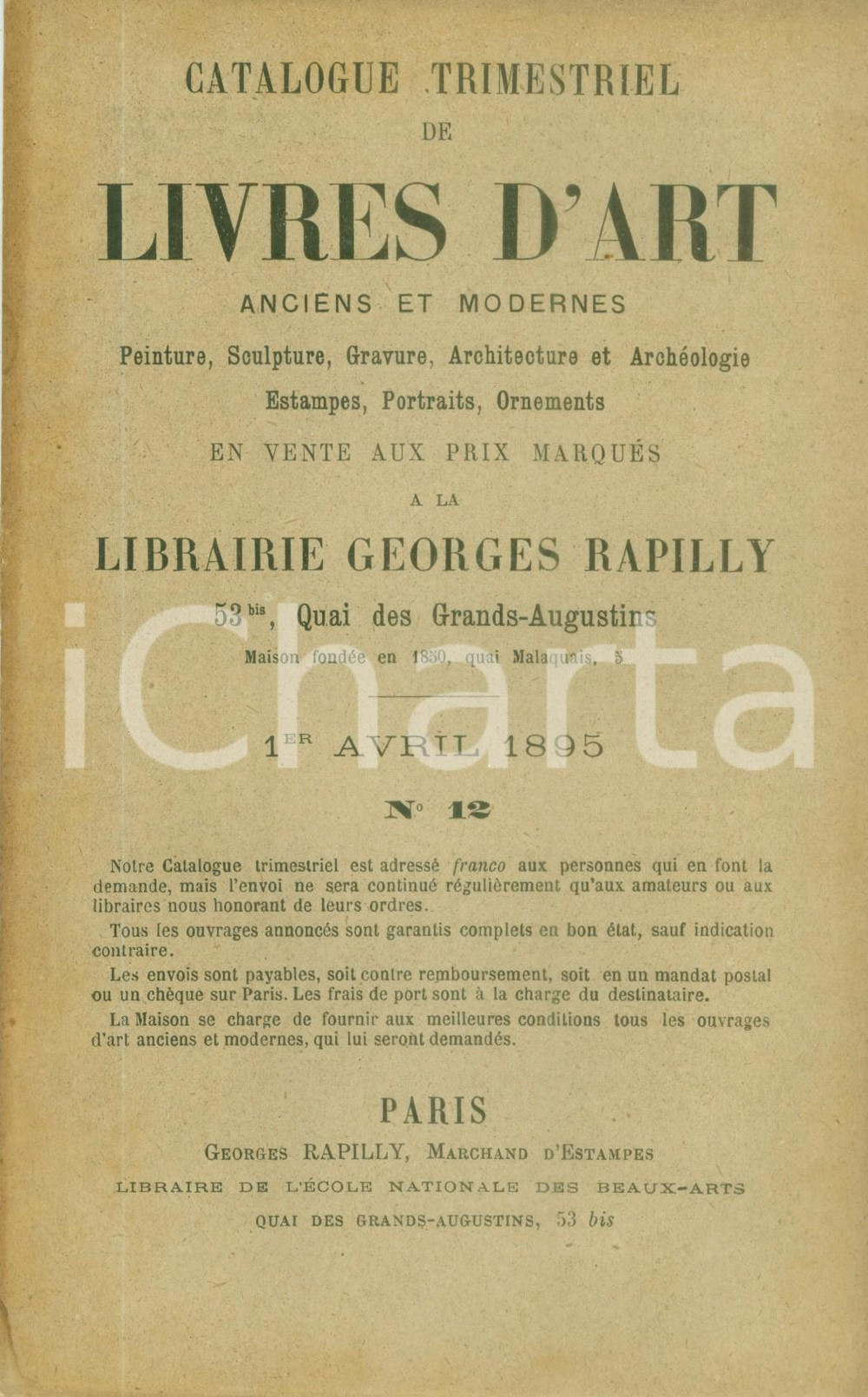 Giornale, rivista storica 1895 PARIS Bulletin mensuel de livres d art en vente chez RAPILLY Catalogo 12 1