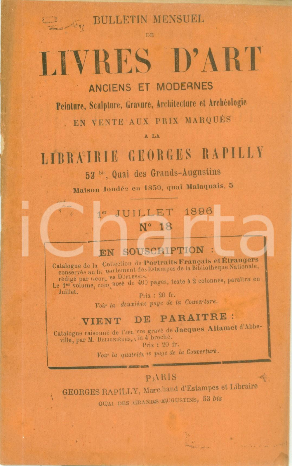 Giornale, rivista storica 1896 PARIS Bulletin mensuel de livres d art en vente chez RAPILLY Catalogo 18 1