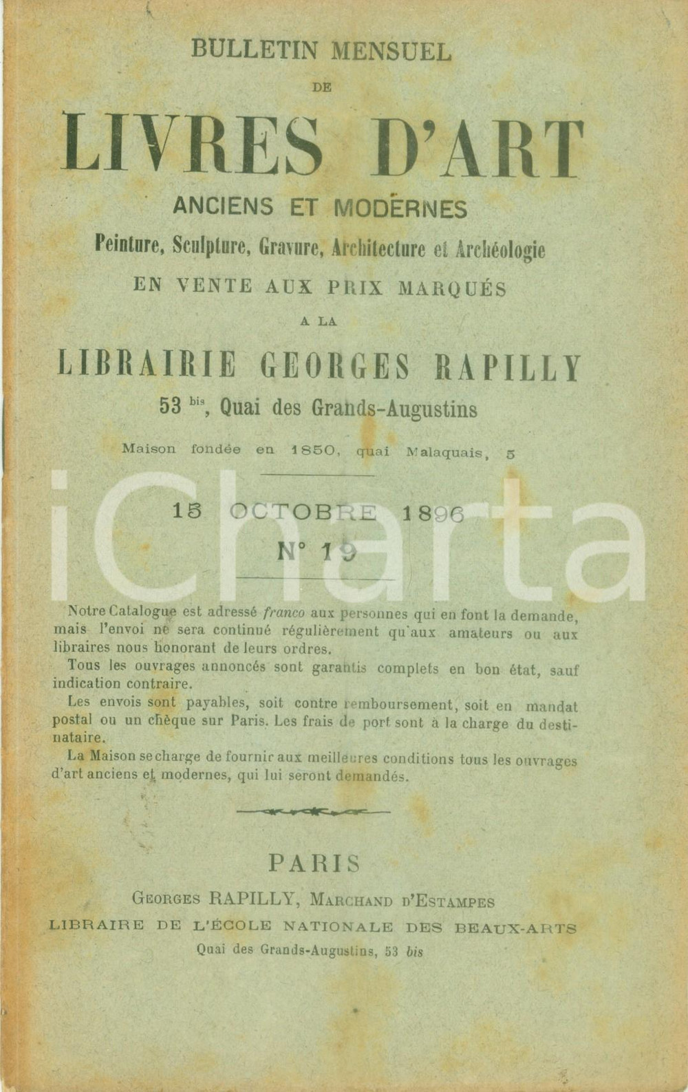 Giornale, rivista storica 1896 PARIS Bulletin mensuel de livres d art en vente chez RAPILLY Catalogo 19 1