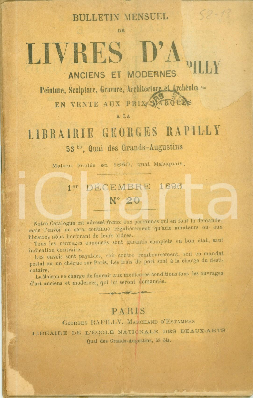 1896 PARIS Bulletin mensuel de livres d'art en vente chez RAPILLY *DANNEGGIATO