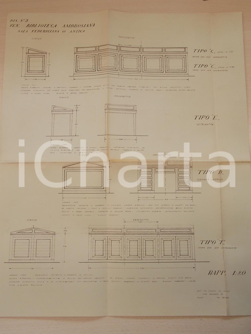 Mappa, planimetria storica 1930 MILANO Biblioteca Ambrosiana Sala Federiciana Prospetti Progetto zoccoli 1