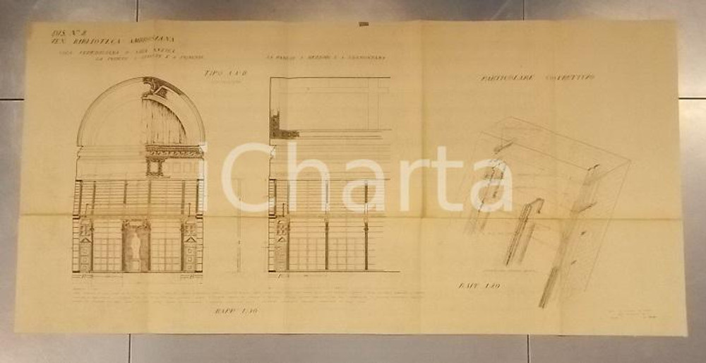 Mappa, planimetria storica 1930 ca MILANO Biblioteca Ambrosiana Sala Federiciana Progetto scaffali parete 1