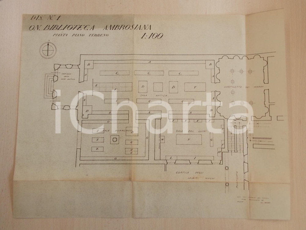 Mappa, planimetria storica 1930 ca MILANO Biblioteca Ambrosiana Pianta piano terreno Planimetria a stampa 1