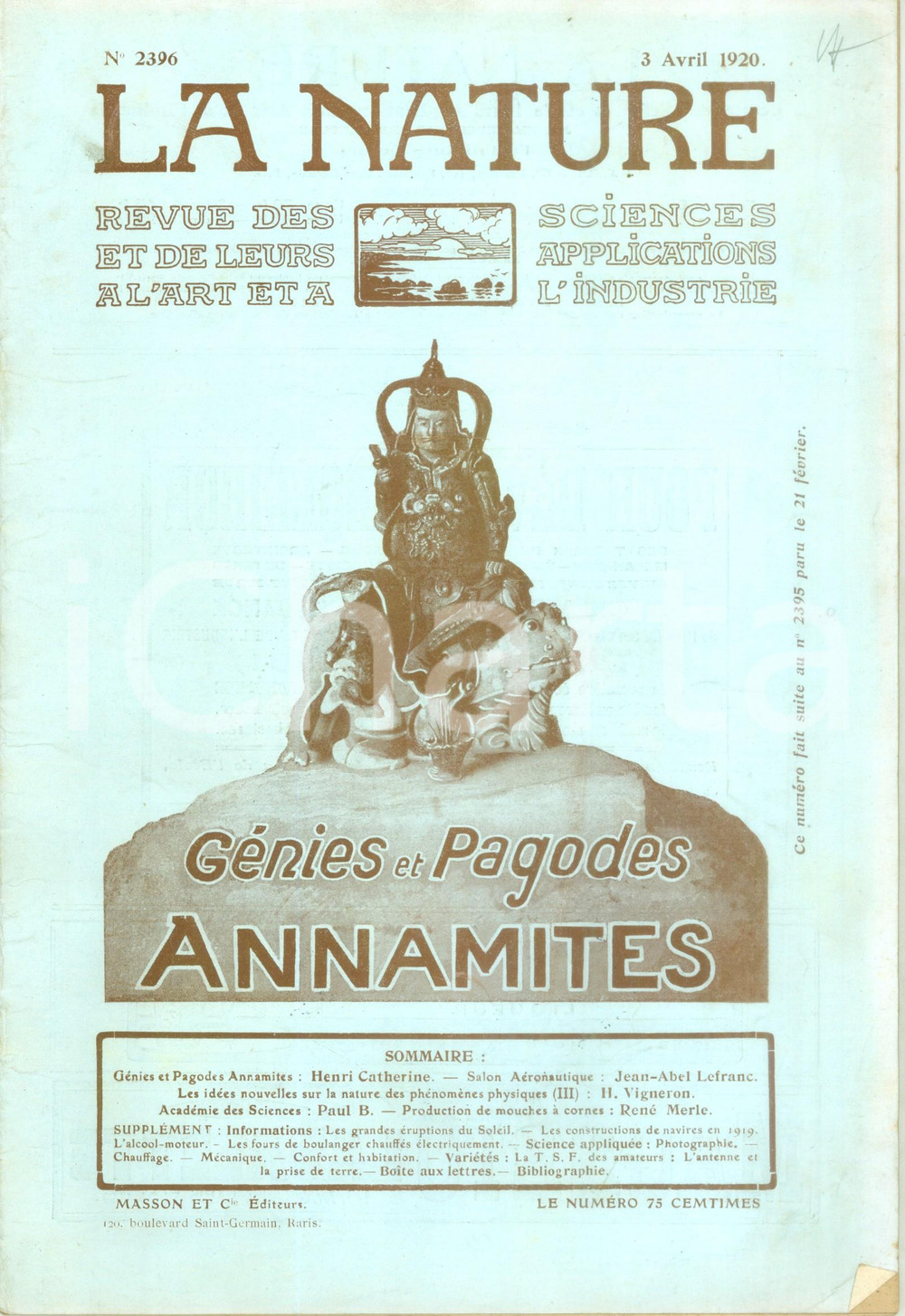 Giornale, rivista storica 1920 LA NATURE Génies et Pagodes Annamites Revue ILLUSTREE SCIENCE n° 2396 1