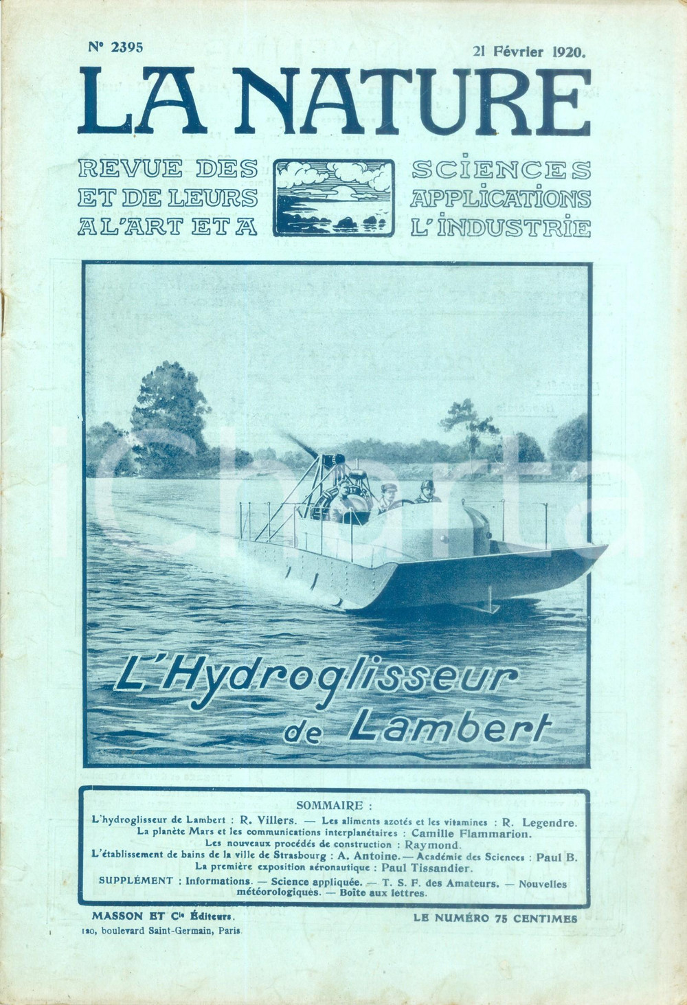 Giornale, rivista storica 1920 LA NATURE L Hydroglisseur de LAMBERT Revue ILLUSTREE SCIENCE n° 2395 1