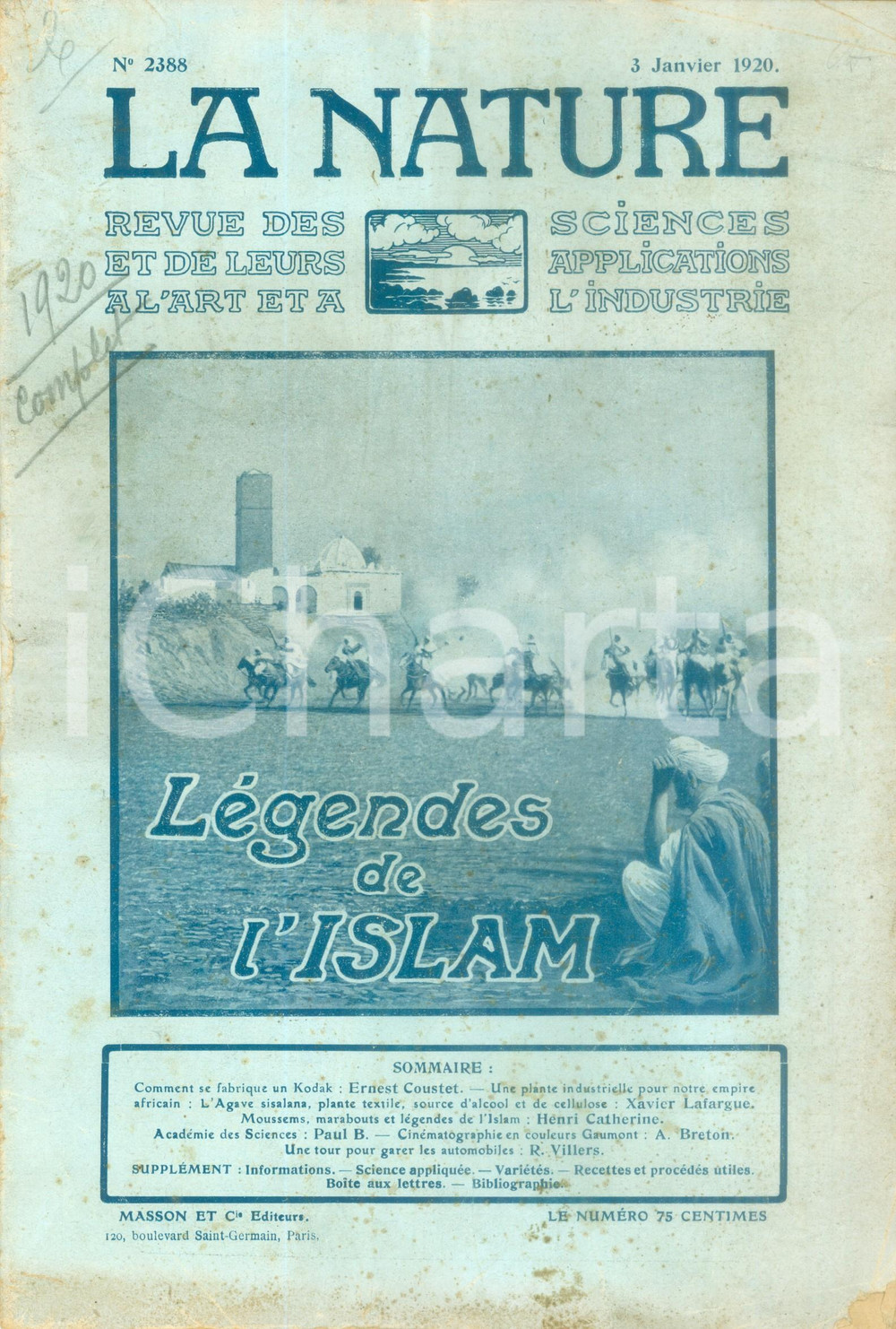 Giornale, rivista storica 1920 LA NATURE LÃ©gendes de l ISLAM Revue ILLUSTREE SCIENCE nÂ° 2388 1