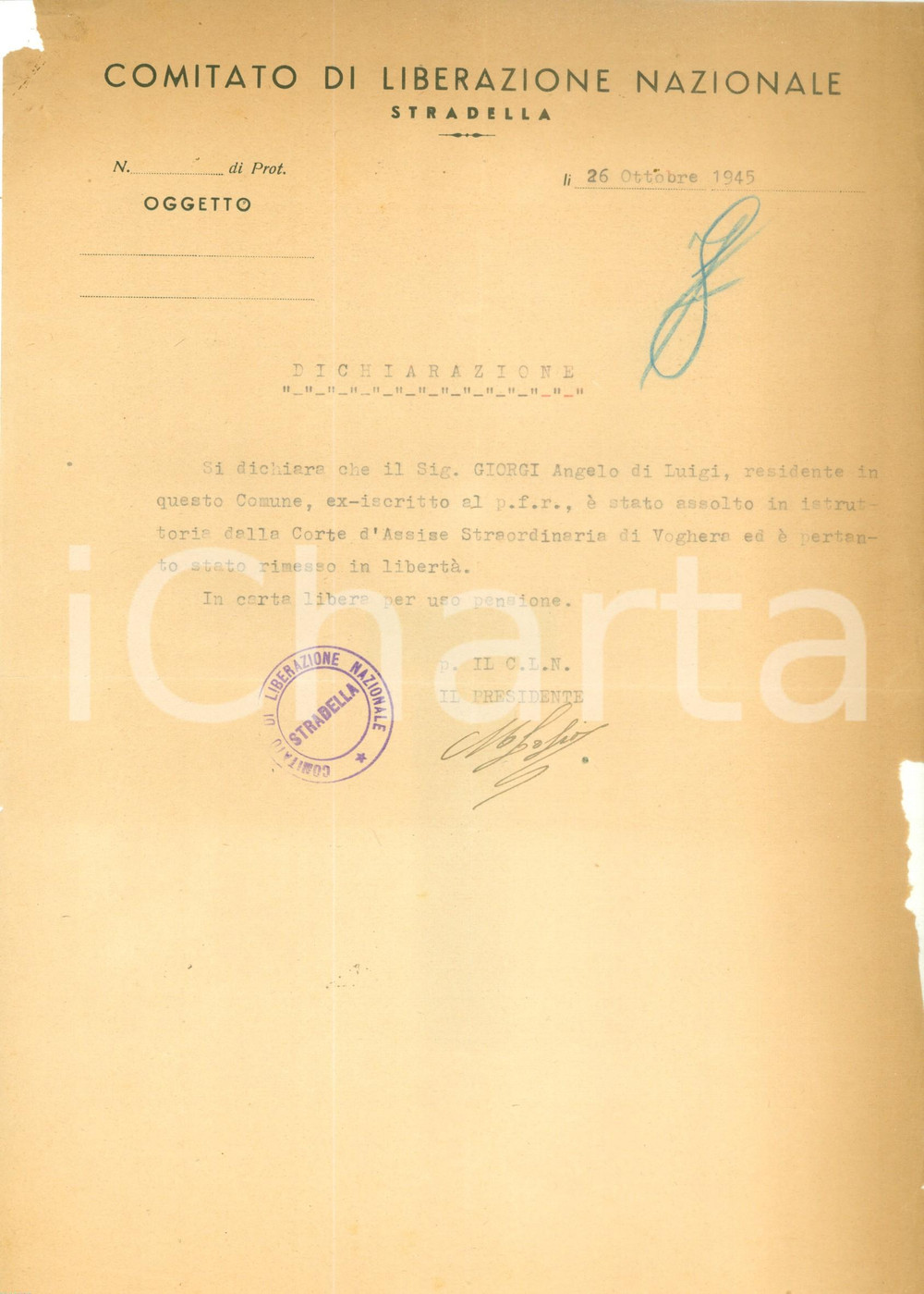 Documento originale, autentico 1945 STRADELLA PV Angelo GIORGI assolto da collaborazione con PFR Documento 1