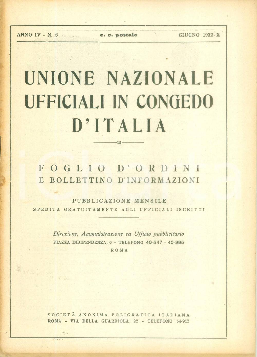 Giornale, rivista storica 1932 ROMA U.N.U.C.I. Foglio d ordini Viaggio Ufficiali in TRIPOLITANIA Rivista 1