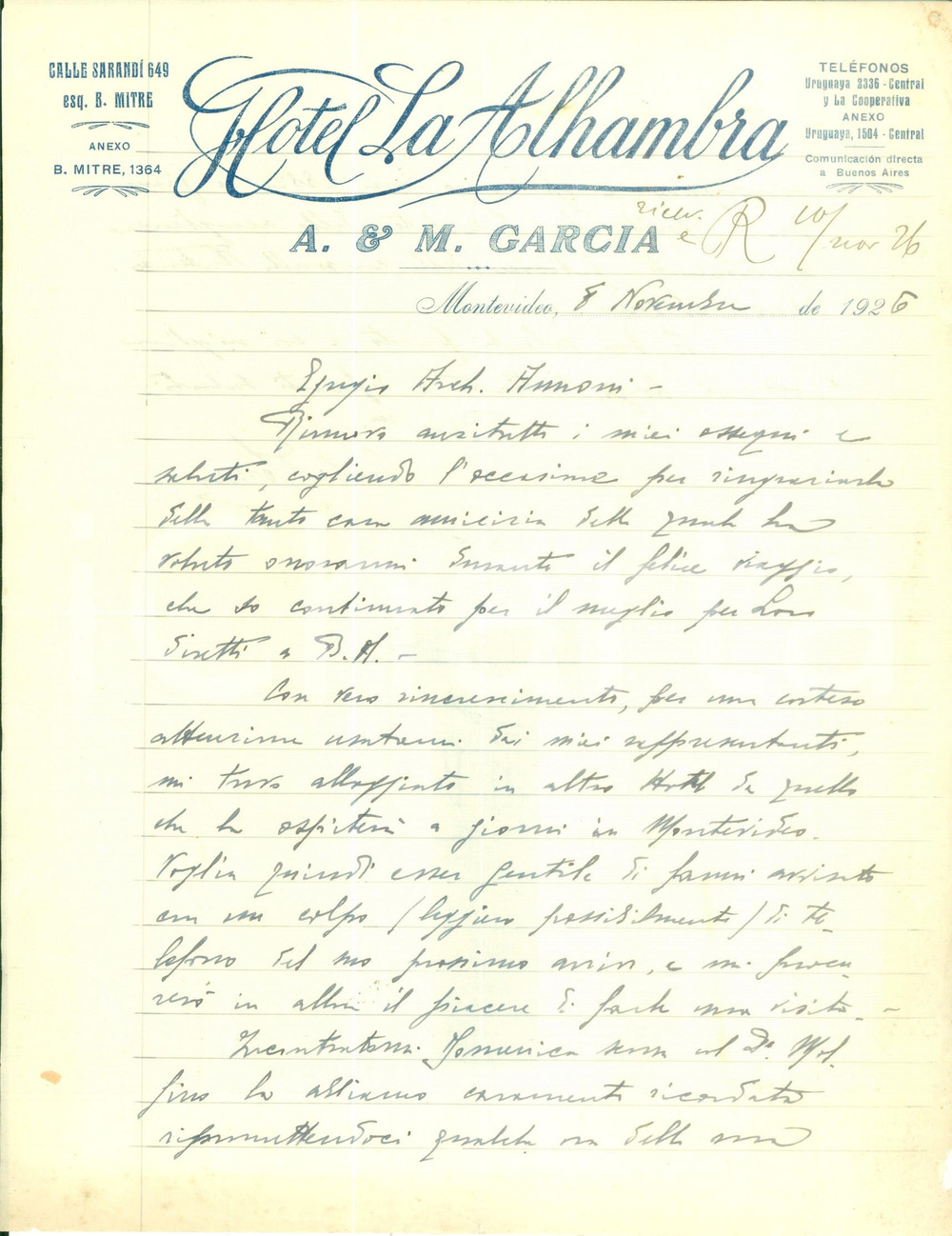 Manoscritto, lettera originale 1926 MONTEVIDEO URUGUAY Hotel LA ALHAMBRA Lettera su carta intestata 1