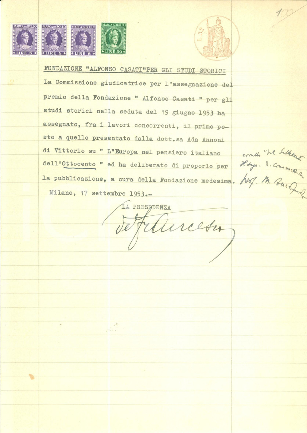 Documento originale, autentico 1953 MILANO Fondazione Alfonso CASATI premia Ada ANNONI Documento 1