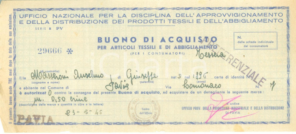 Documento originale, autentico 1945 PAVIA Buono acquisto articoli tessili abbigliamento per Anselmo MASSERONI 2 1