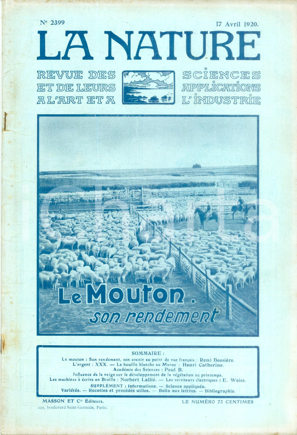 Giornale, rivista storica 1920 LA NATURE Le mouton son rendement Revue ILLUSTREE SCIENCE n° 2399 1