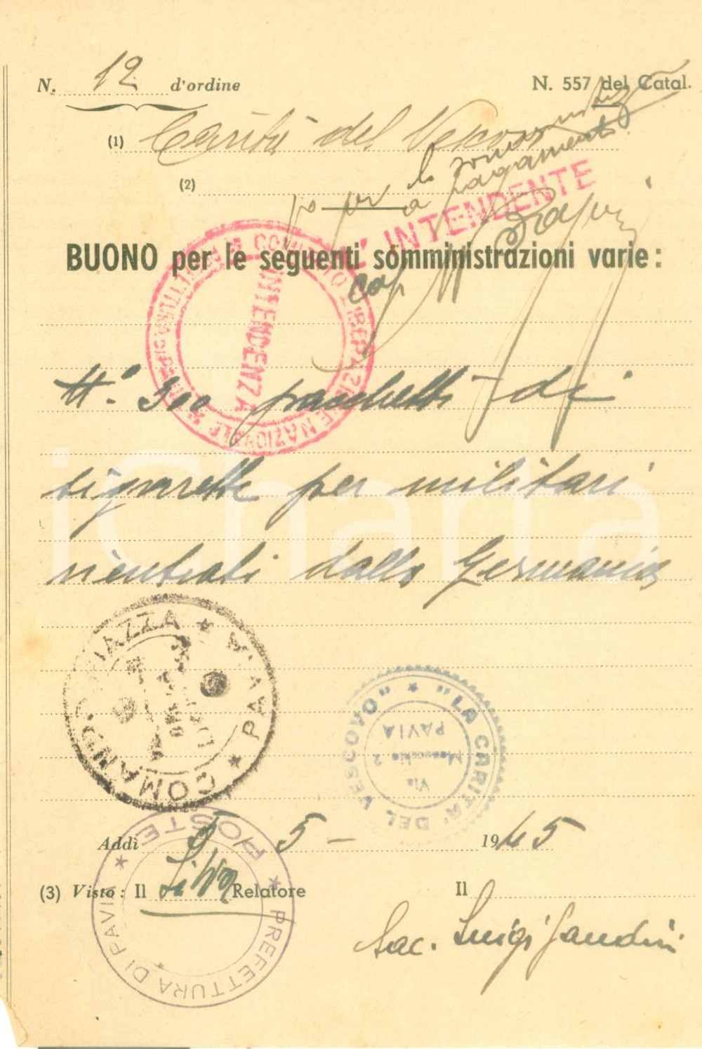 Documento originale, autentico 1945 PAVIA Buono per somministrazione 300 pacchetti sigarette per militari 1