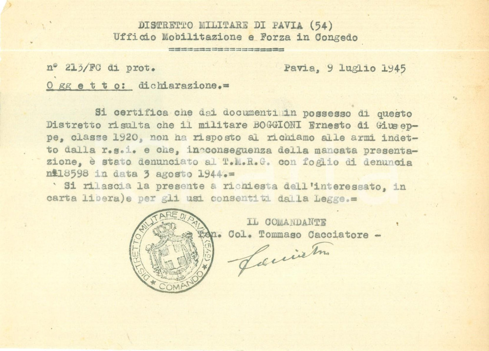 Documento originale, autentico 1945 PAVIA Ernesto BOGGIONI non ha risposto a richiamo alle armi RSI Documento 1
