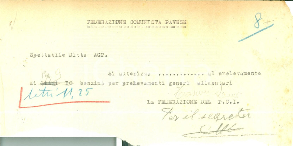1945 PAVIA Deposito Volontari della Libertà Buono per prelievo generi alimentari