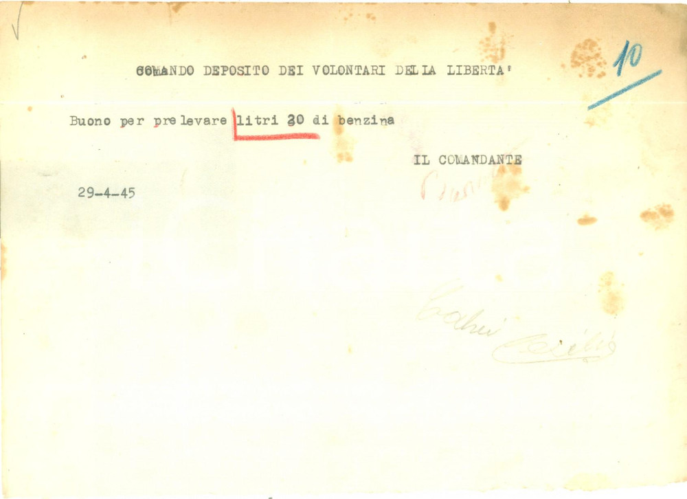 Documento originale, autentico 1945 PAVIA Deposito Volontari della LibertÃ  Buono per prelevamento benzina 1