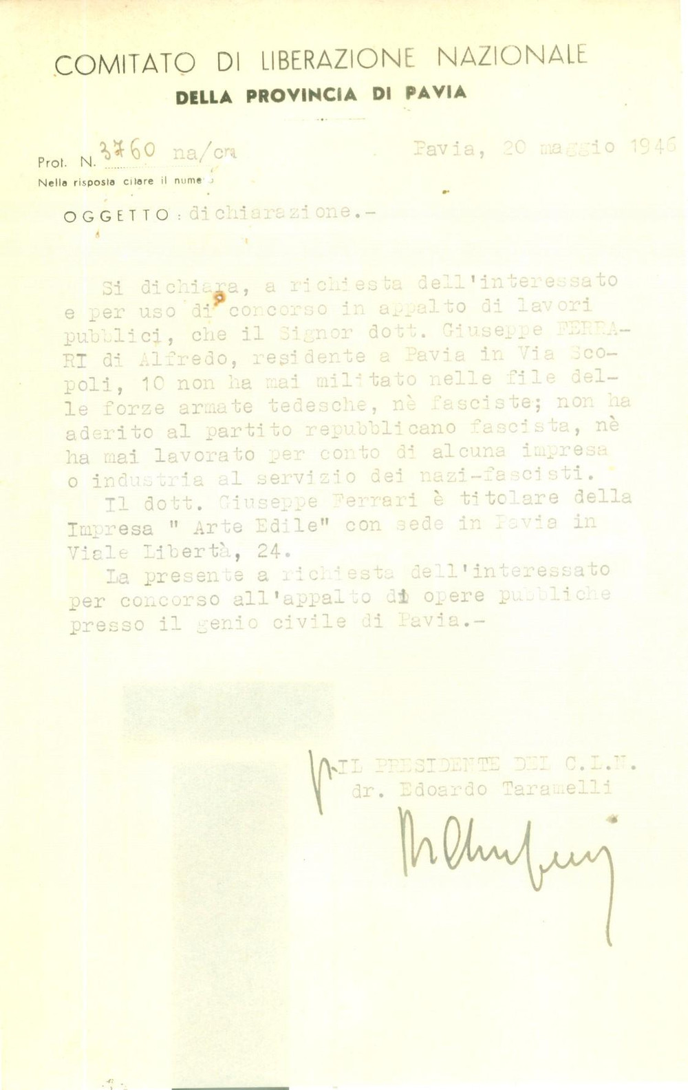 Documento originale, autentico 1946 PAVIA CLN Giuseppe FERRARI non ha mai collaborato con nazisti nÃ© con RSI 1
