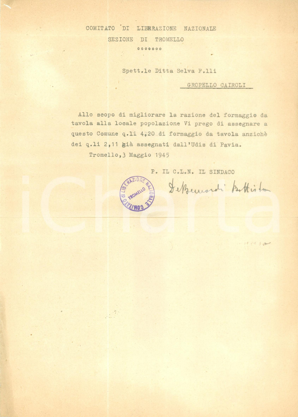 1945 TROMELLO (PV) Comitato CLN chiede doppia razione di formaggio da tavola