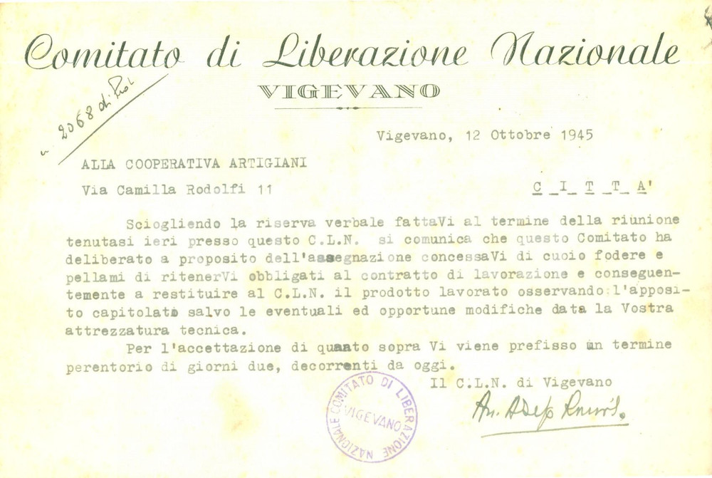 1945 VIGEVANO Comitato Liberazione Nazionale fornisce cuoio pellami ad artigiani