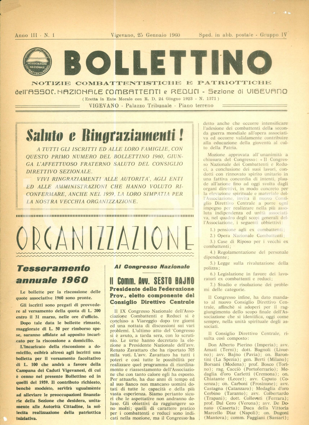 Giornale, rivista storica 1960 BOLLETTINO NOTIZIE COMBATTENTISTICHE Tesseramento annuale Rivista 1