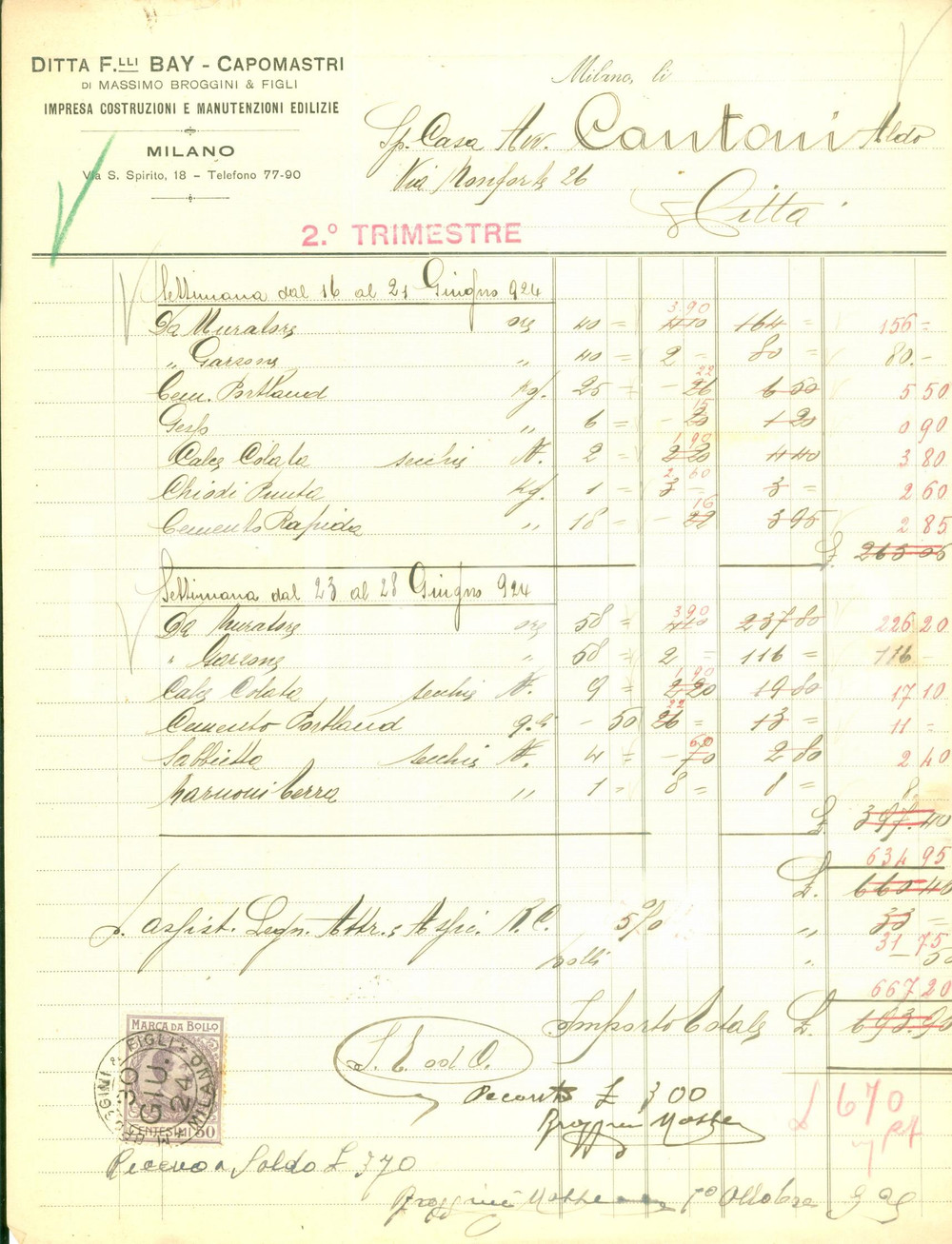 Documento originale, autentico 1924 MILANO Ditta Fratelli BAY  CAPOMASTRI Manutenzioni edilizie Fattura 1