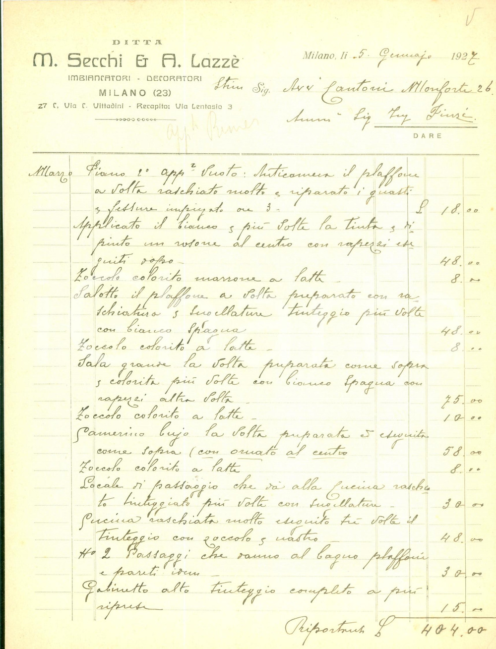Documento originale, autentico 1927 MILANO Via Vittadini 27 Imbiancatori decoratori SECCHI & LAZZE  Fattura 1