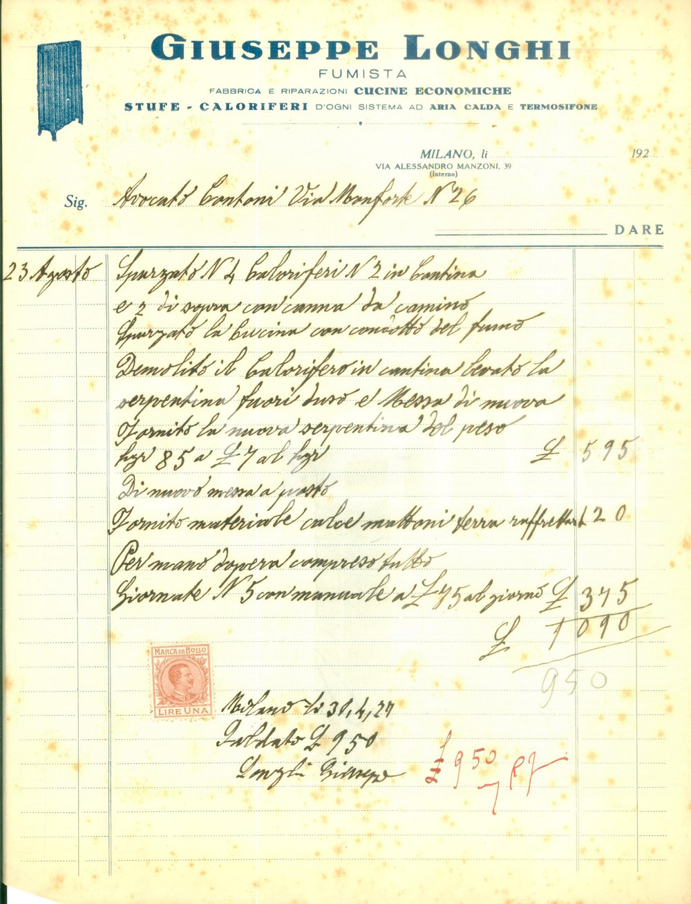Documento originale, autentico 1925 ca MILANO Via Manzoni 39  Giuseppe LONGHI Fumista cucine economiche Fattura 1