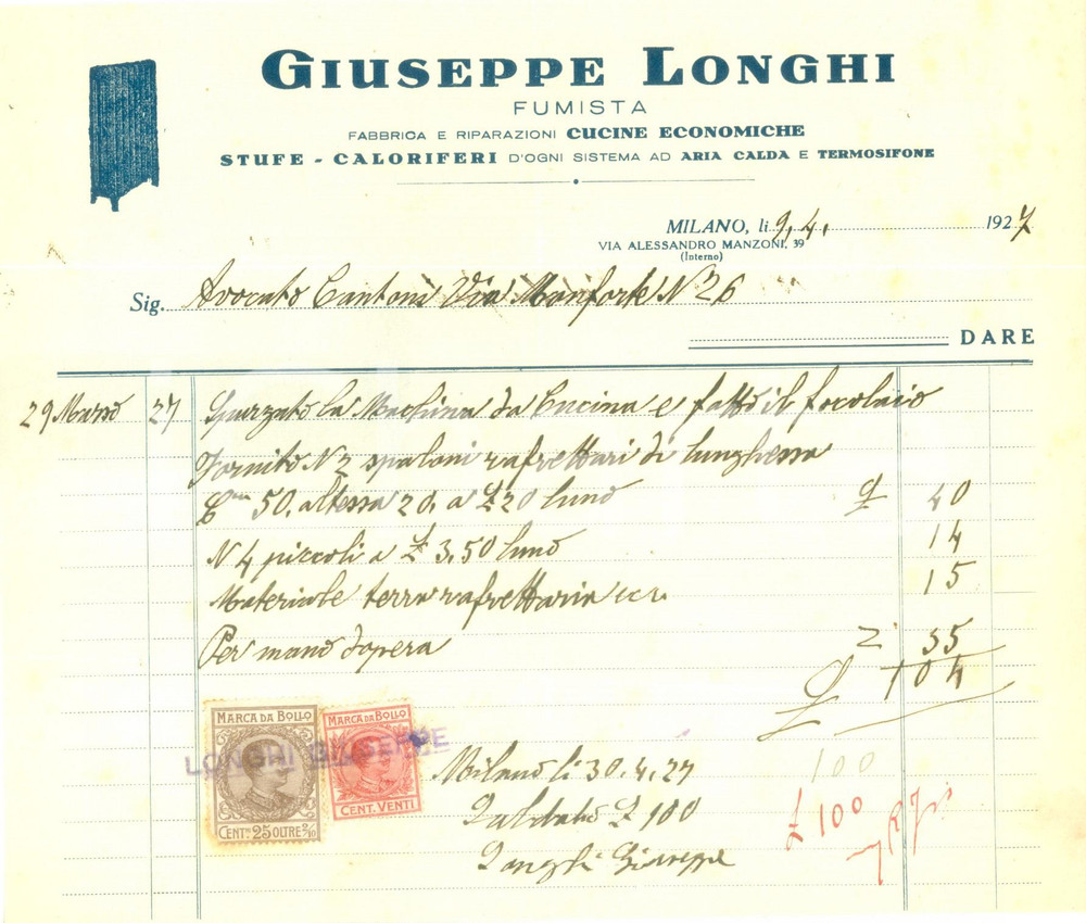 Documento originale, autentico 1927 MILANO Giuseppe LONGHI Fumista cucine economiche Fattura 1