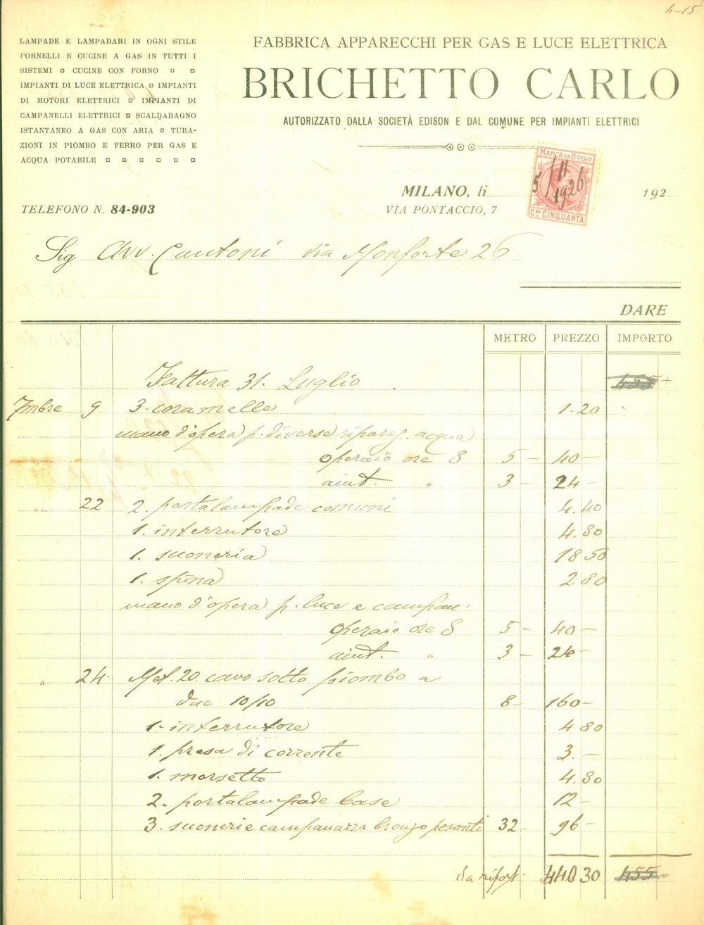 Documento originale, autentico 1920 ca MILANO Apparecchi per gas e luce elettrica Carlo BRICHETTO Fattura 1