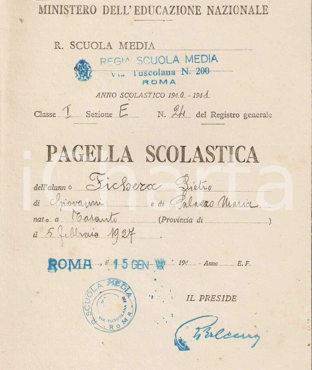 Oggetto da collezione cartaceo 1937 ROMA Regio Ginnasio UMBERTO I Pagella scolastica Ennio FILIPPI 1
