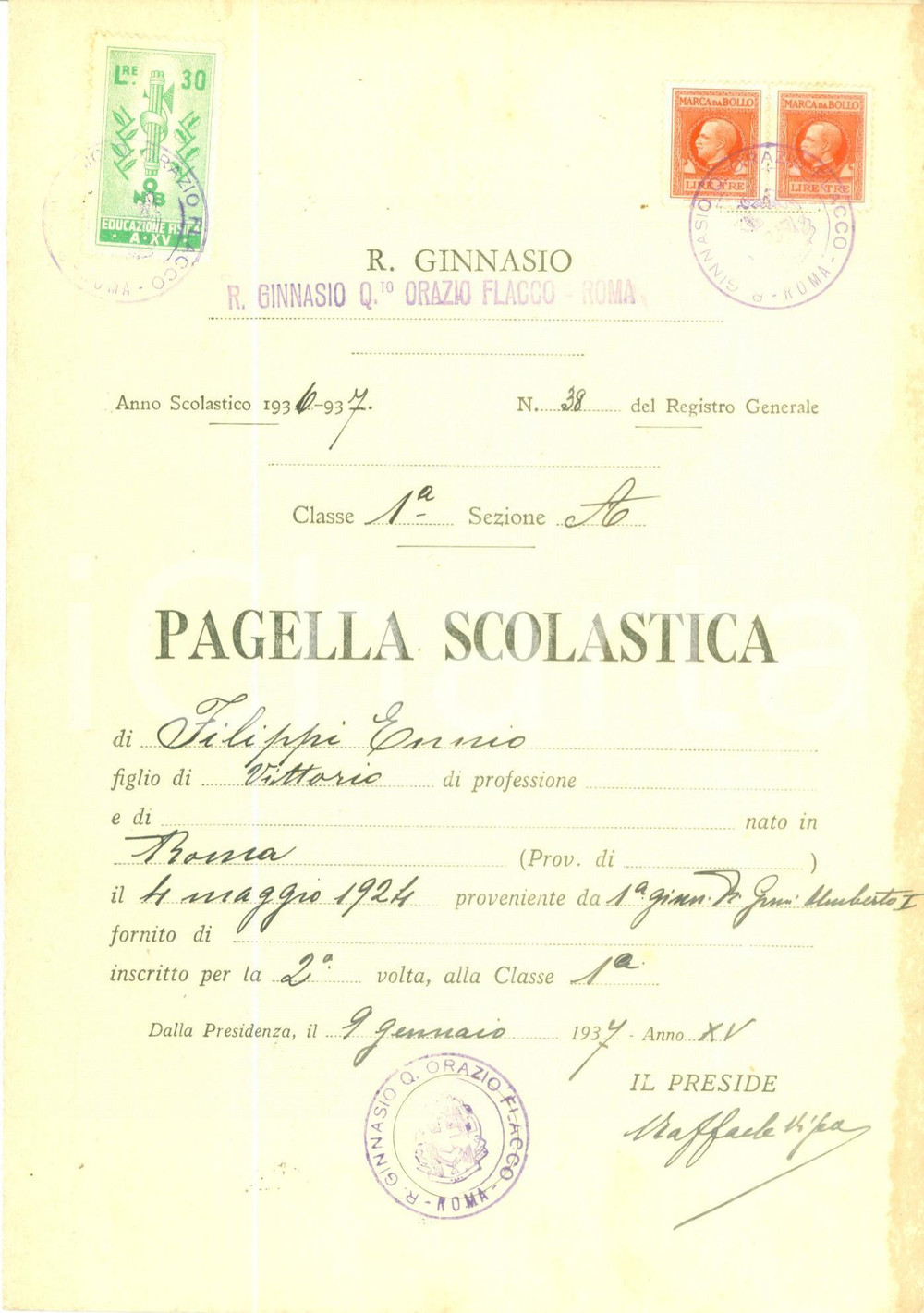 Oggetto da collezione cartaceo 1937 ROMA Regio Ginnasio Quinto Orazio Flacco Pagella scolastica Ennio FILIPPI 1