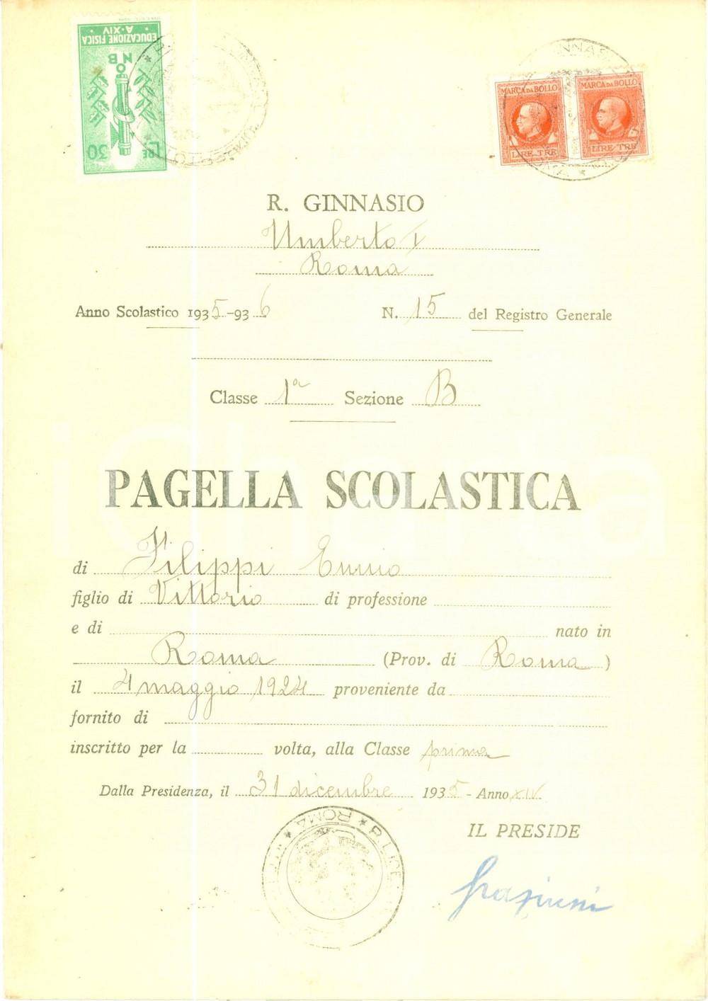Oggetto da collezione cartaceo 1935 ROMA Regio Ginnasio UMBERTO I Pagella scolastica Ennio FILIPPI 1