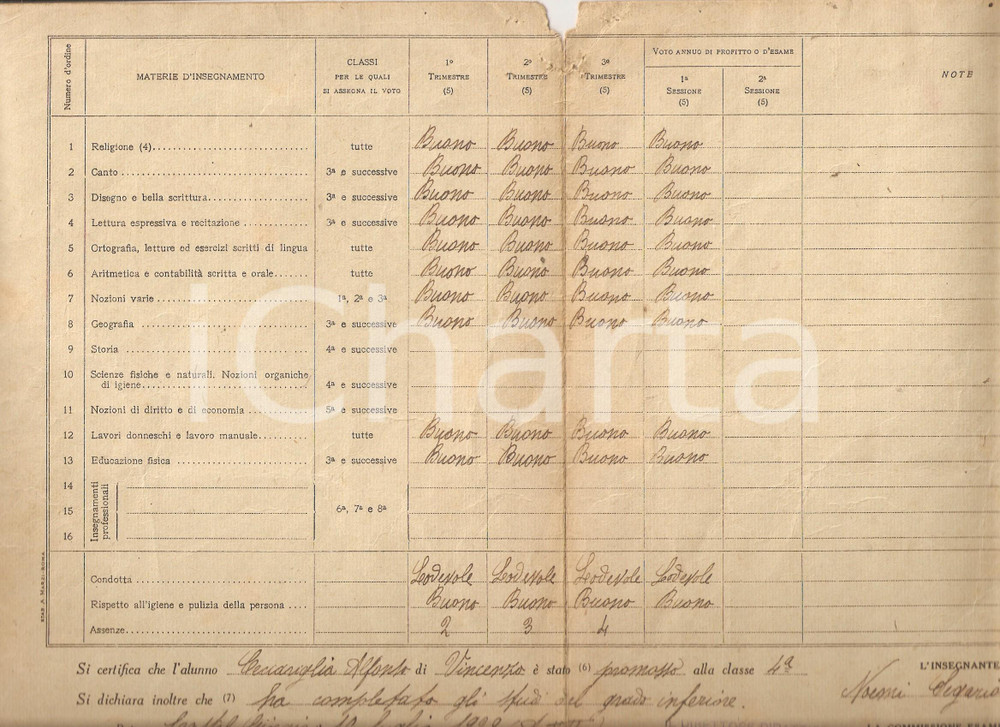 Oggetto da collezione cartaceo 1929 CASTEL GIORGIO TR Scuola elementare Pagella Adelfo CECCARIGLIA DANNEGGIATA 1