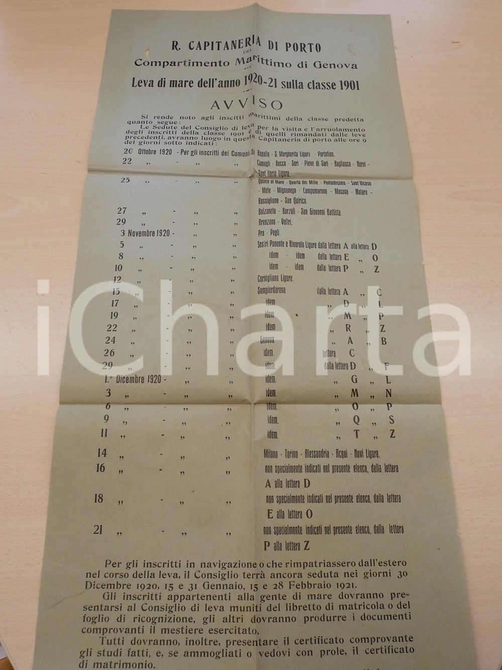 Documento originale, autentico 1920 GENOVA Regia Capitaneria di Porto Leva di mare classe 1901 Manifesto 1