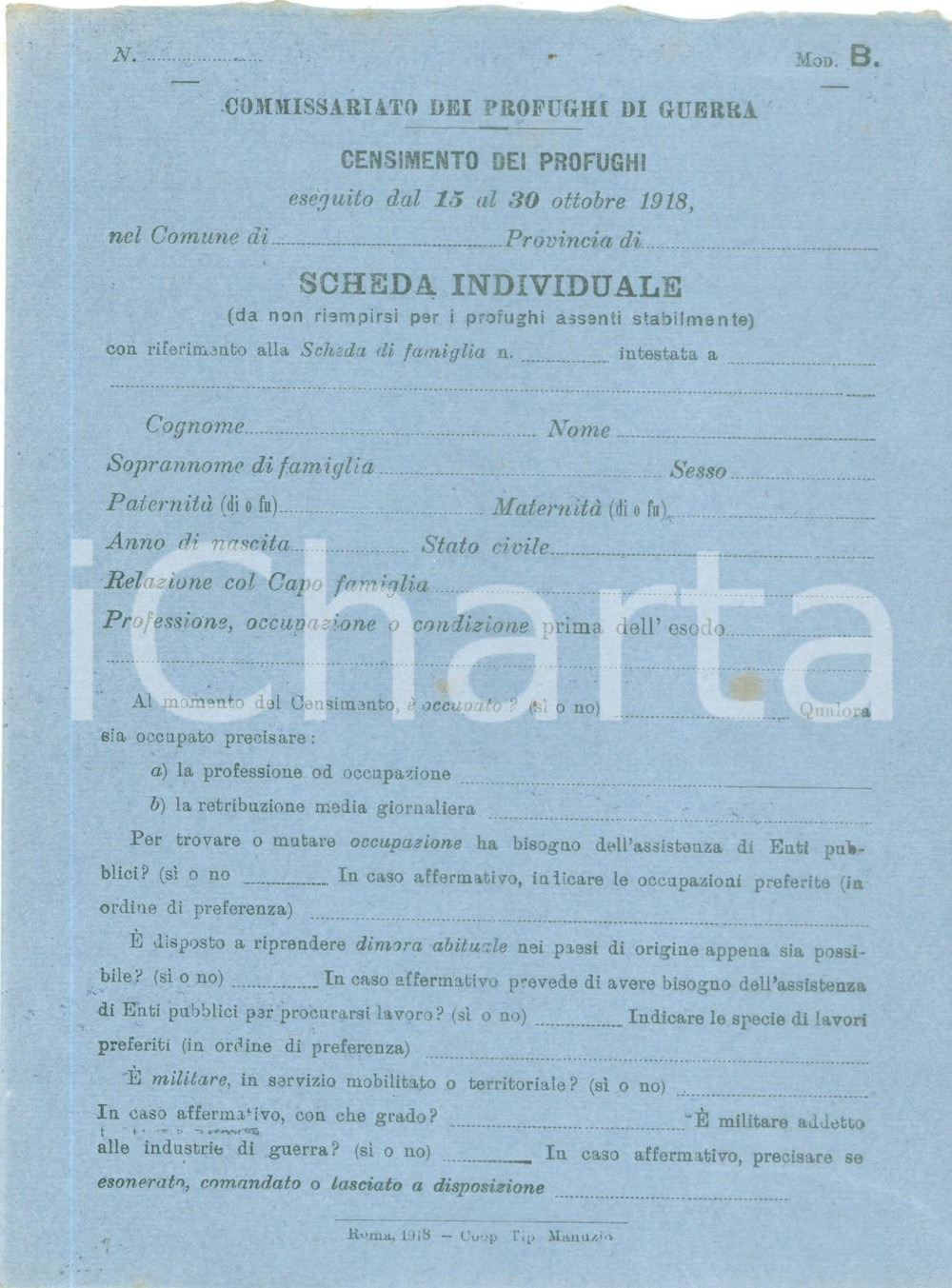 Documento originale, autentico 1918 ROMA WW1 Censimento profughi di guerra Scheda NON COMPILATA 2 1
