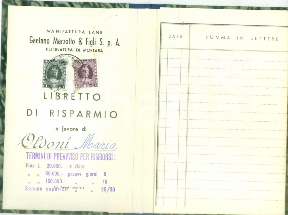 Oggetto da collezione cartaceo 19531959 MORTARA Libretto risparmio Maria OLDONI Lane MARZOTTO 1