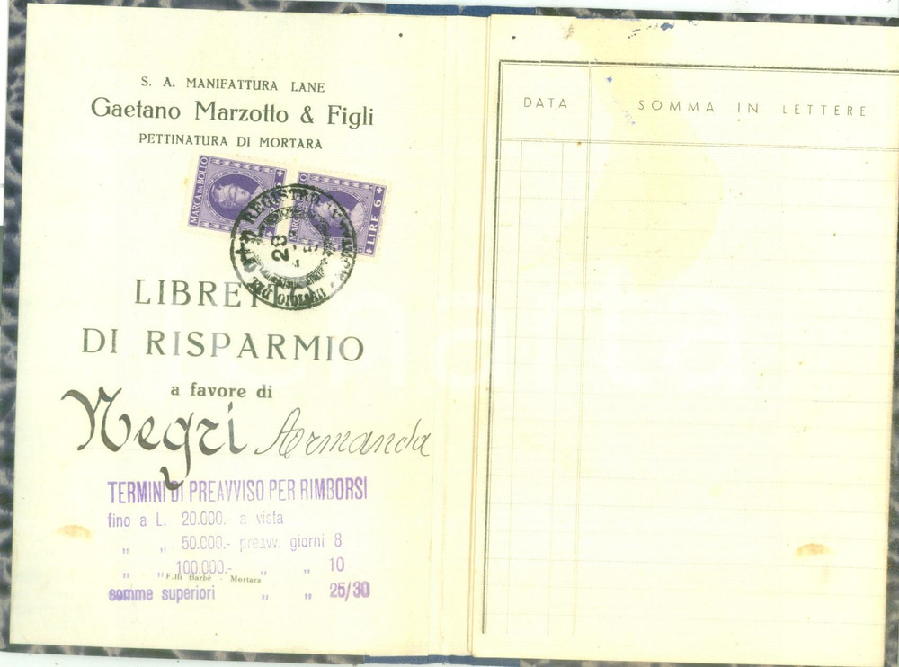 Oggetto da collezione cartaceo 19511959 MORTARA Libretto risparmio Armanda NEGRI Lane MARZOTTO 1