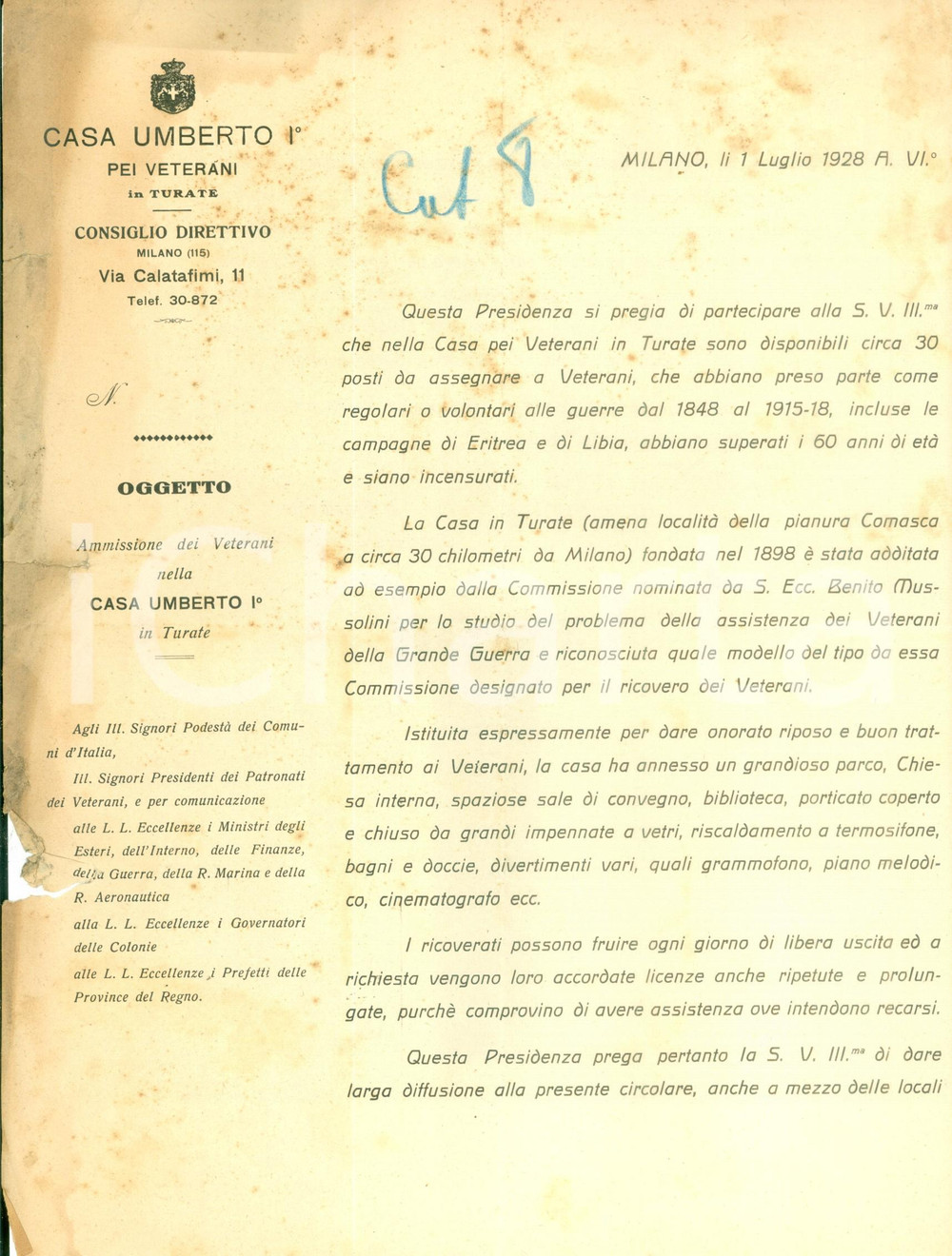 Documento originale, autentico 1928 TURATE COAmmissione Veterani nella Casa UMBERTO I Documento DANNEGGIATO 1