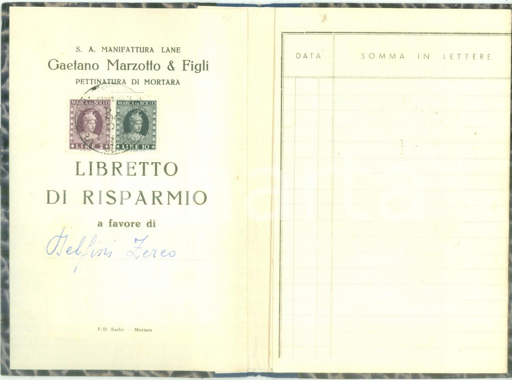 1951-1959 MORTARA Libretto risparmio Zereo DELFINI Lane MARZOTTO