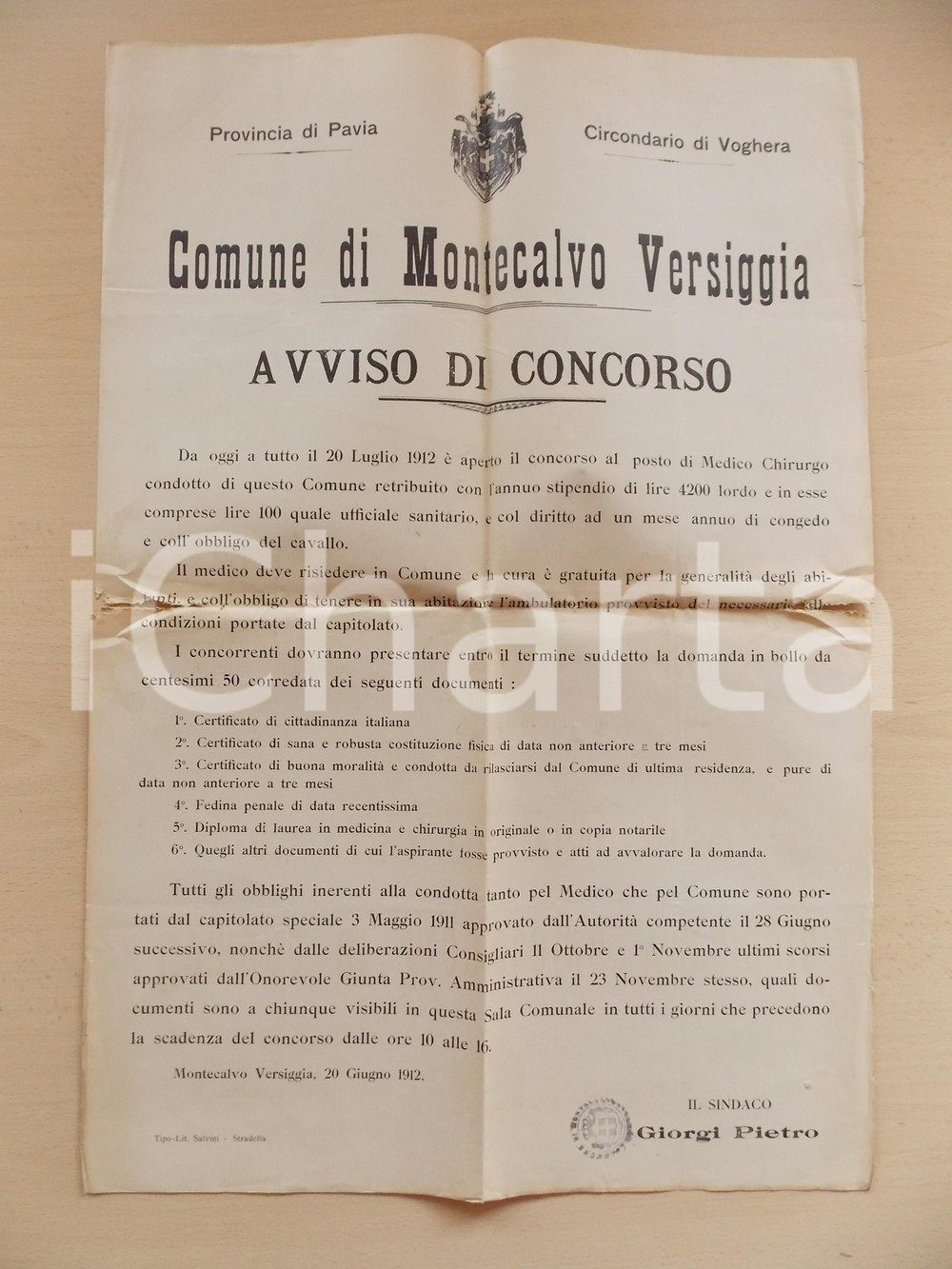 Documento originale, autentico 1912 MONTECALVO VERSIGGIA PV Concorso per medico condotto Manifesto 43 x 63 1