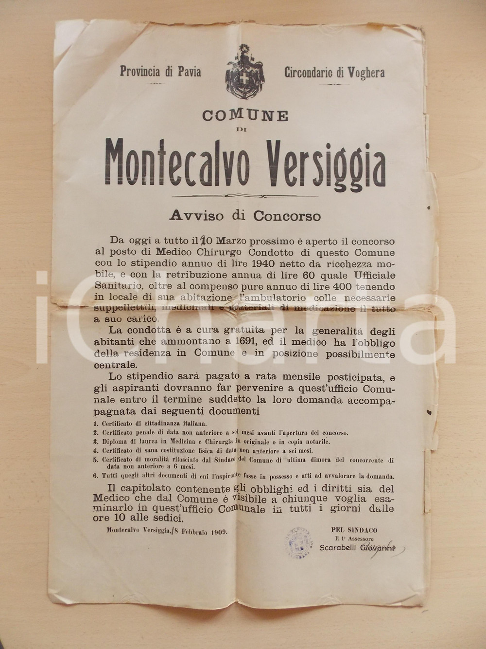 Documento originale, autentico 1909 MONTECALVO VERSIGGIA PV Concorso per medico condotto Manifesto 43 x 65 1