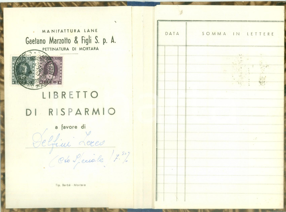 Oggetto da collezione cartaceo 19521959 MORTARA Libretto risparmio Zereo DELFINI Lane MARZOTTO 1