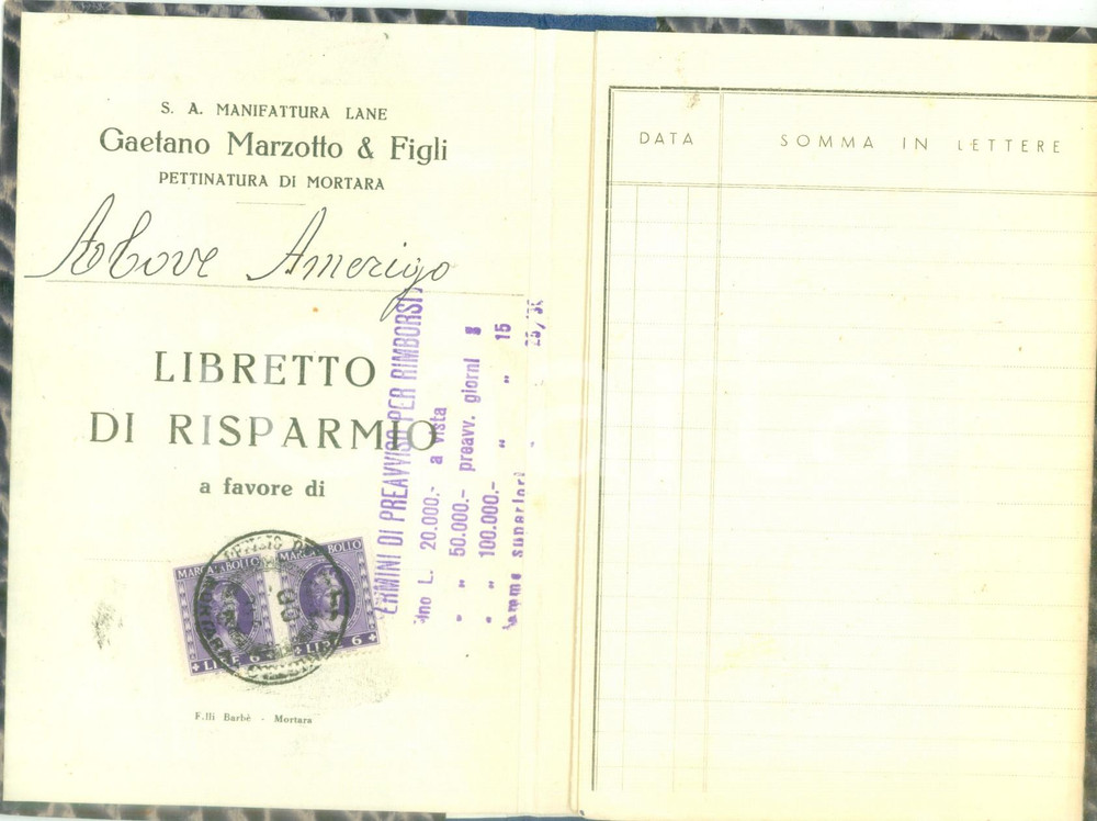 Oggetto da collezione cartaceo 19501959 MORTARA Libretto risparmio Amerigo ABOVE Lane MARZOTTO 1