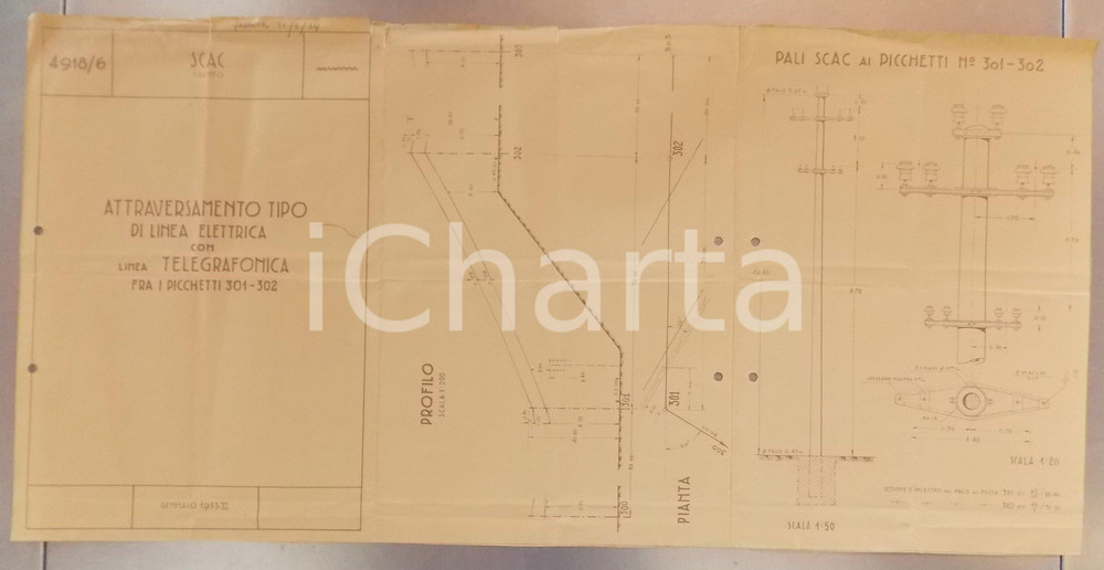 1933 TRENTO Società SCAC Attraversamento linea elettrica con linea telegrafonica
