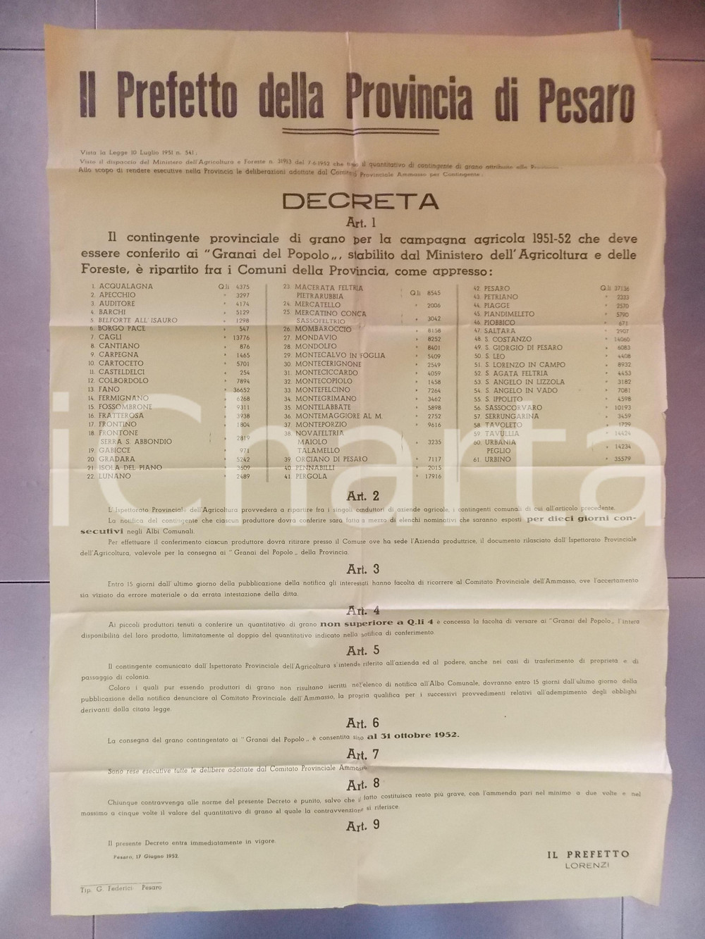 Documento originale, autentico 1952 PESARO QuantitÃ  di grano per Granai del Popolo Manifesto 70 x 100 1