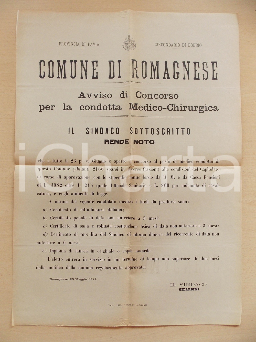 Documento originale, autentico 1912 ROMAGNESE PV Concorso per medico chirurgo Manifesto 42 x 58 1