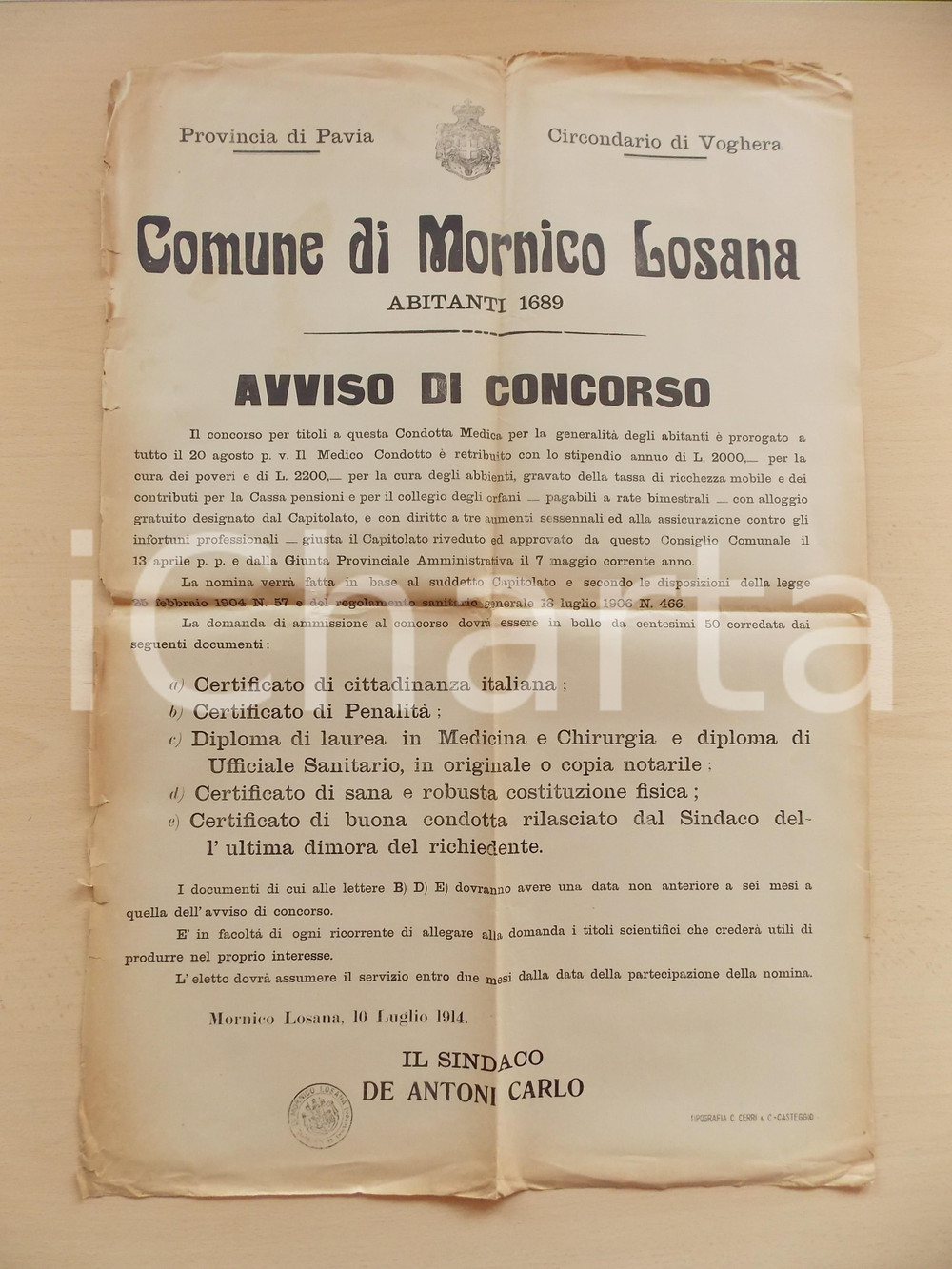 Documento originale, autentico 1914 MORNICO LOSANA PV Concorso per medico condotto Manifesto 44 x 64 1