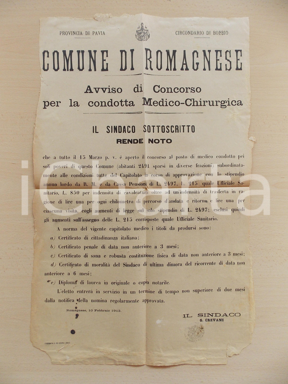 Documento originale, autentico 1913 ROMAGNESE PV Concorso per medico condotto Manifesto DANNEGGIATO 38 x 58 1
